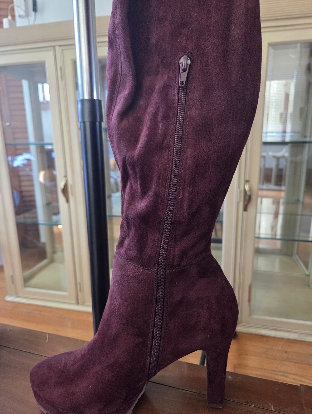 Oxblood Faux Suede Platform Heeled Over The Knee Boots - Picture 6 of 11